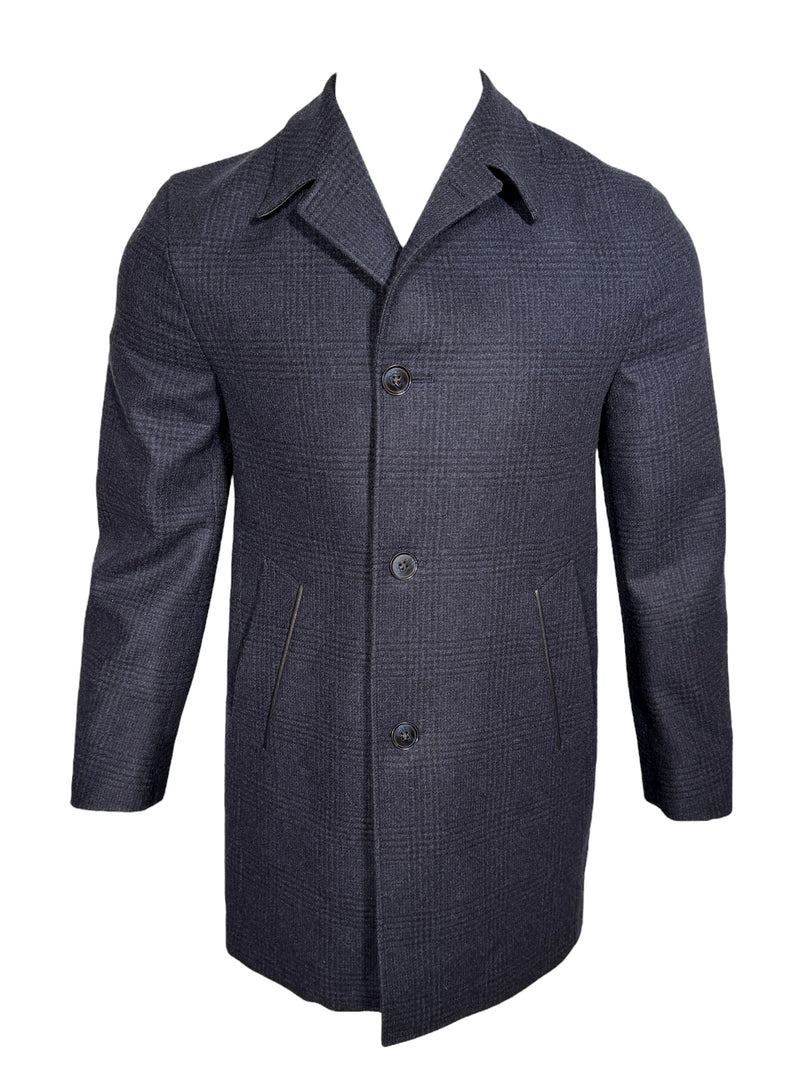 OARS & OLD IVY WOOL WALKING COAT WITH LEATHER TRIM - NAVY PLAID