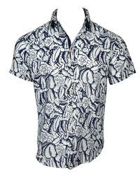 GMF 965 MEN'S LINEN BLEND SHORT-SLEEVE SPORT SHIRT - NAVY/WHITE TROPICAL