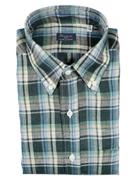 FINAMORE 1925 SPORT LINEN SHIRT - GREEN/TAN PLAID