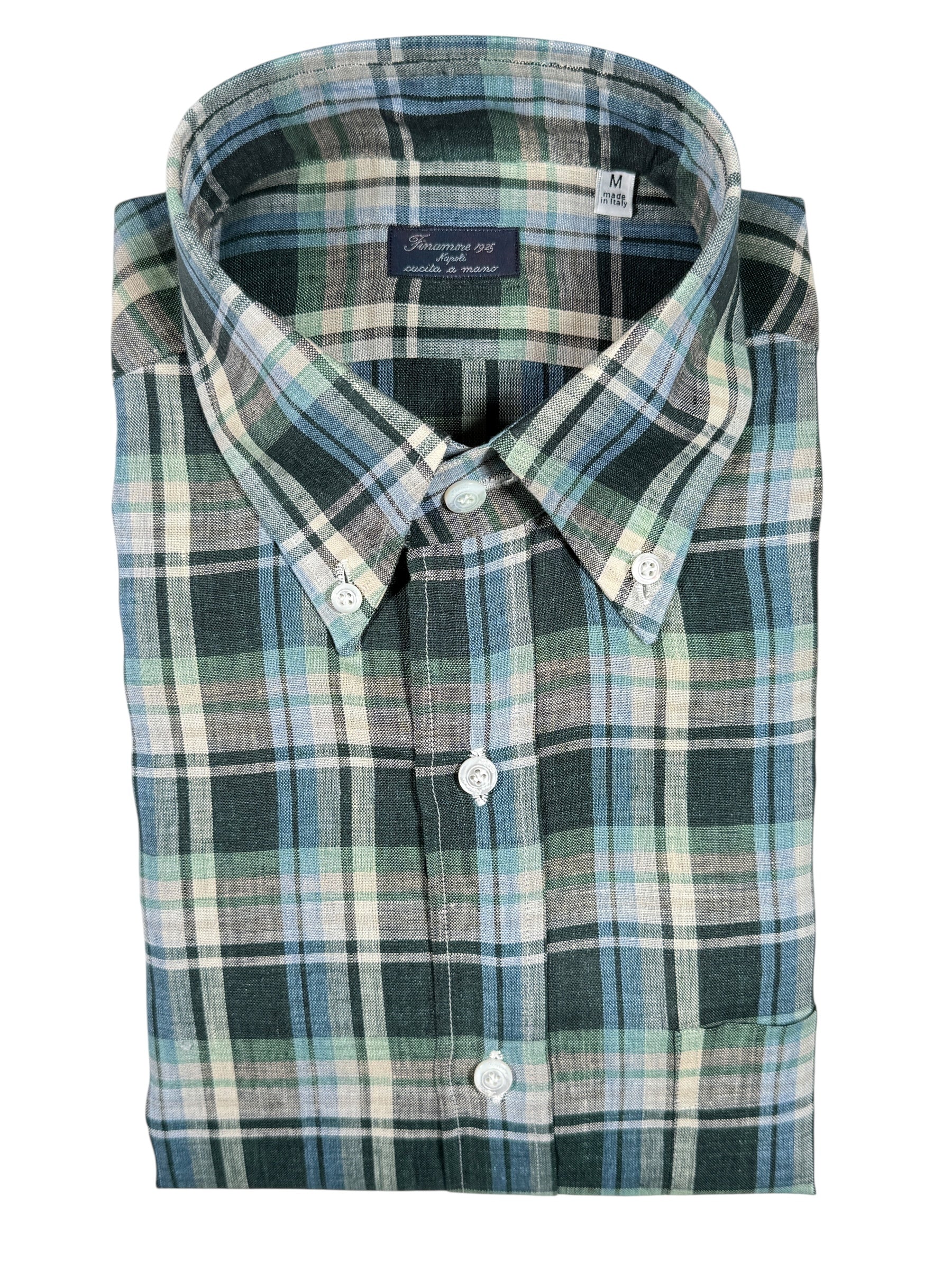 FINAMORE 1925 SPORT LINEN SHIRT - GREEN/TAN PLAID