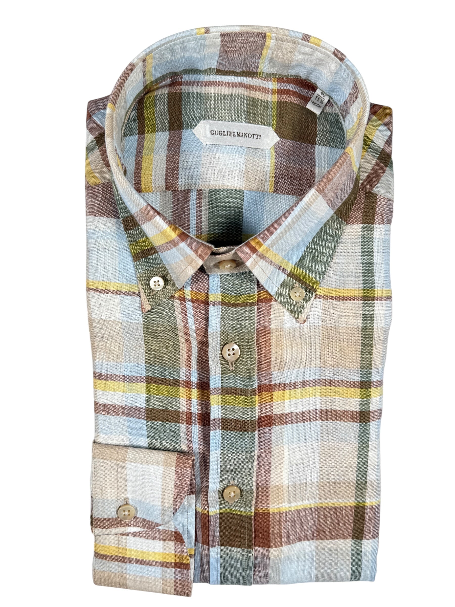 GUGLIELMINOTTI LINEN SHIRT - LIGHT BLUE/BROWN PLAID