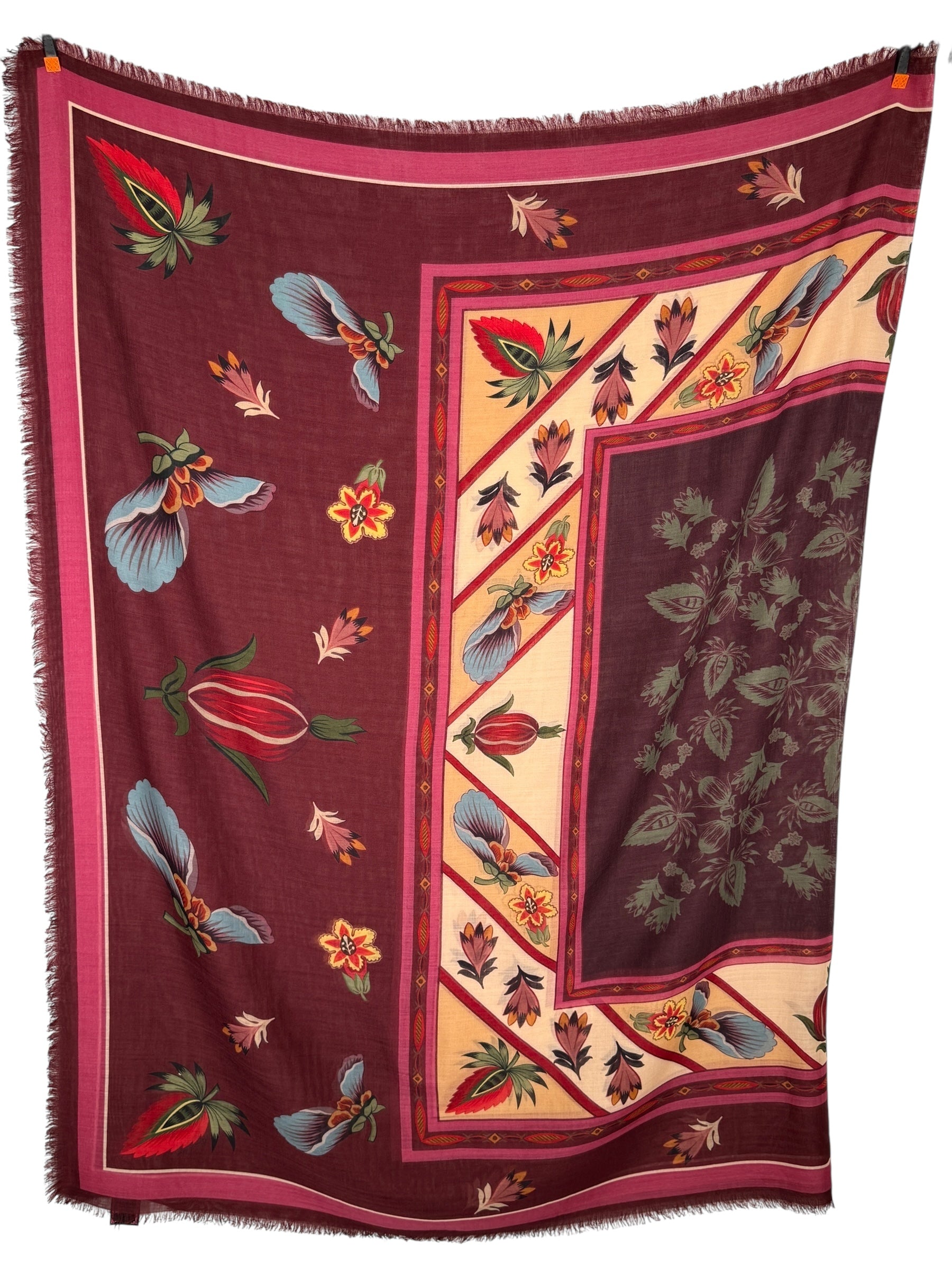 FRANCO FERRARI WOOL FLORAL RECTANGULAR SCARF - BURGUNDY
