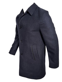 OARS & OLD IVY WOOL WALKING COAT WITH LEATHER TRIM - NAVY PLAID