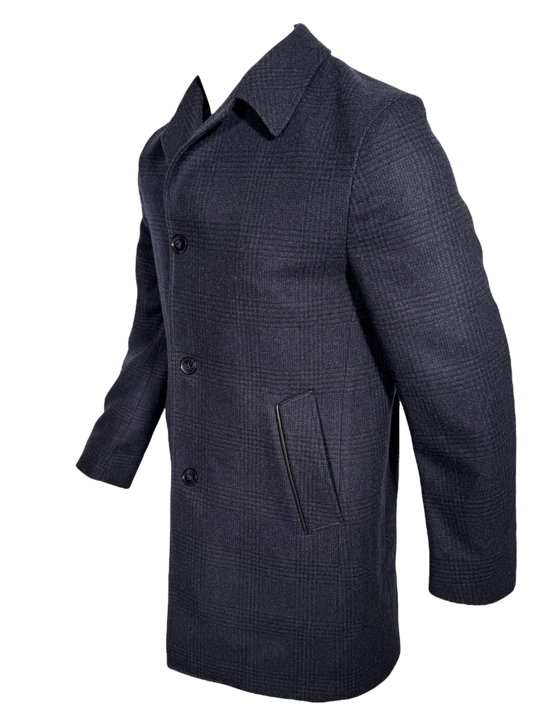 OARS & OLD IVY WOOL WALKING COAT WITH LEATHER TRIM - NAVY PLAID
