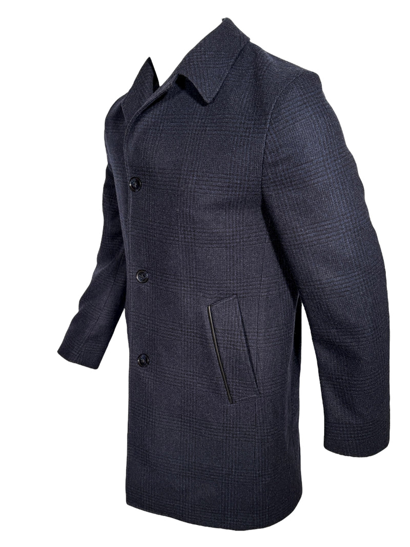 OARS & OLD IVY WOOL WALKING COAT WITH LEATHER TRIM - NAVY PLAID
