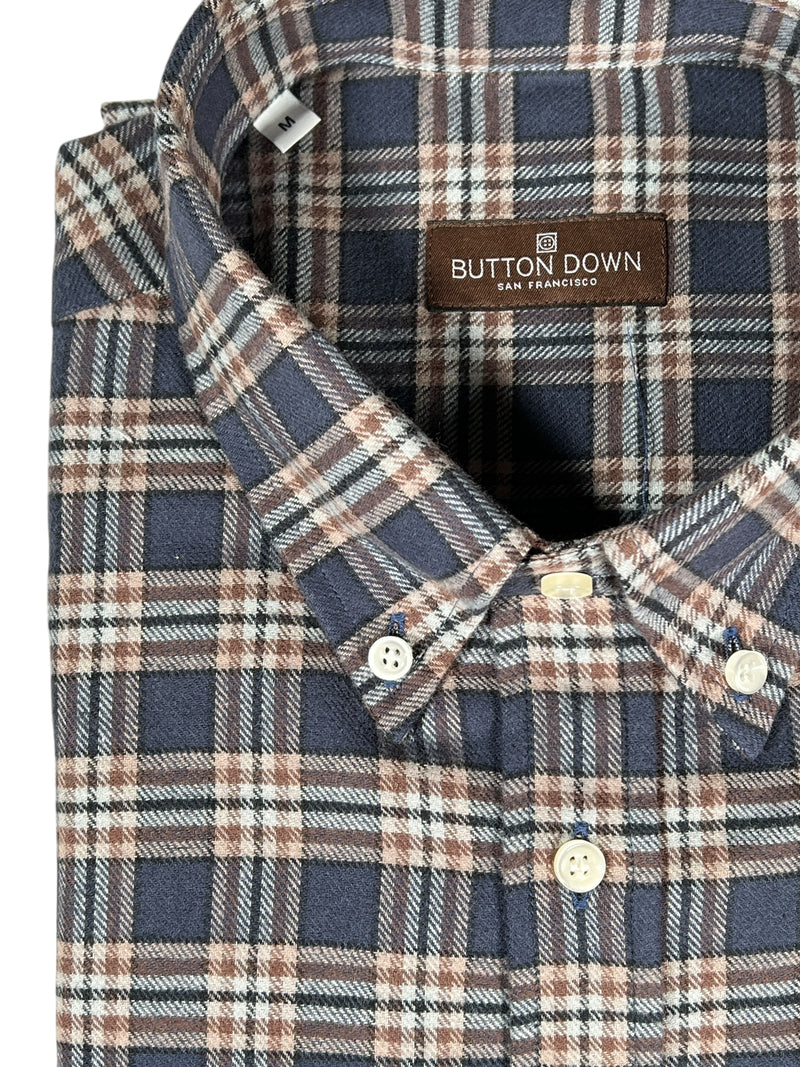 BUTTON DOWN SPORT SHIRT - NAVY/BROWN PLAID