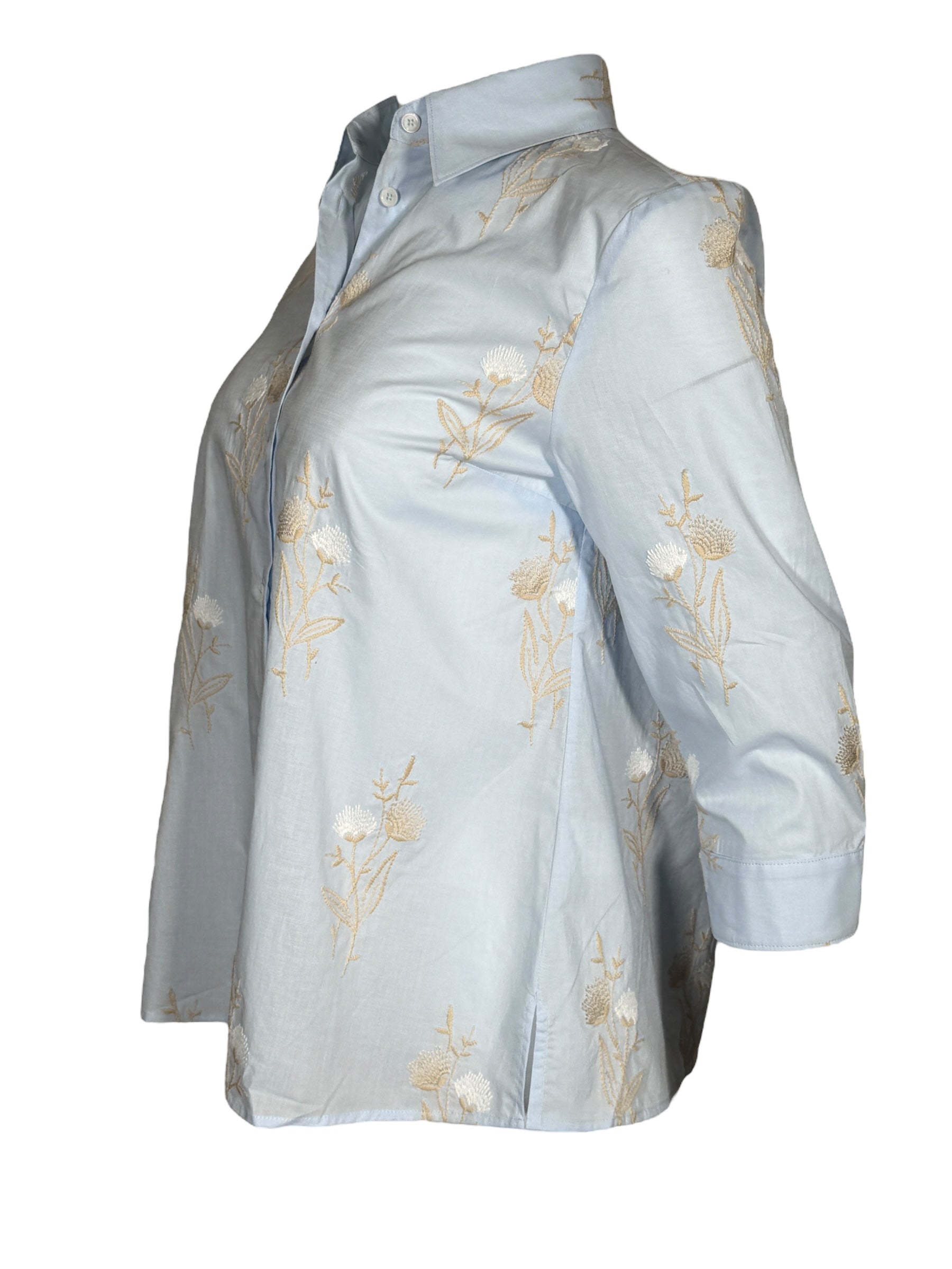 CAMICETTASNOB EMBROIDERED FLORAL BLOUSE - LIGHT BLUE & TAN