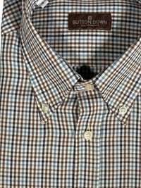 BUTTON DOWN SPORT SHIRT - BLUE/BROWN MICRO CHECK