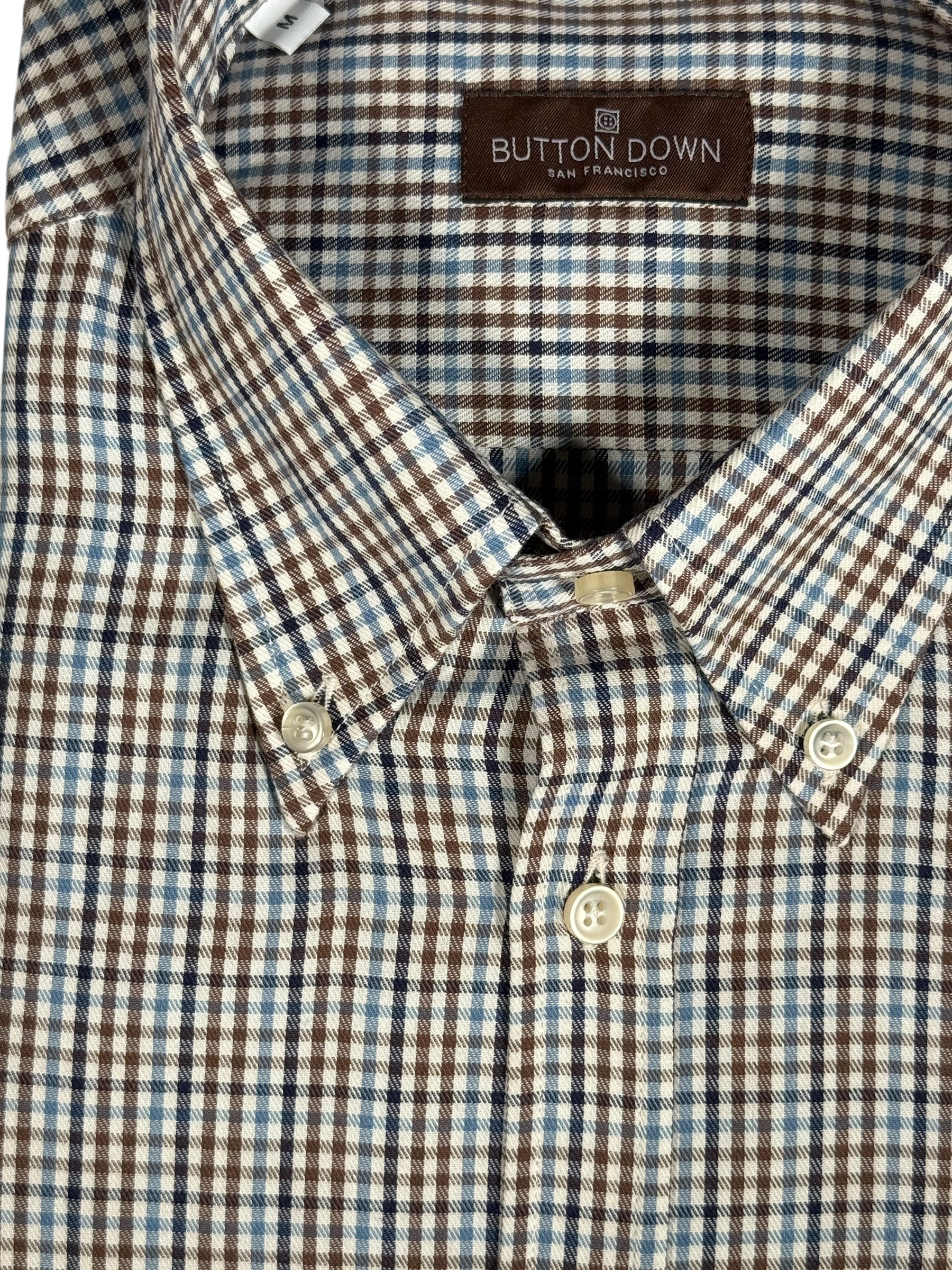 BUTTON DOWN SPORT SHIRT - BLUE/BROWN MICRO CHECK