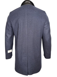 OARS & OLD IVY WOOL WALKING COAT WITH LEATHER TRIM - NAVY PLAID