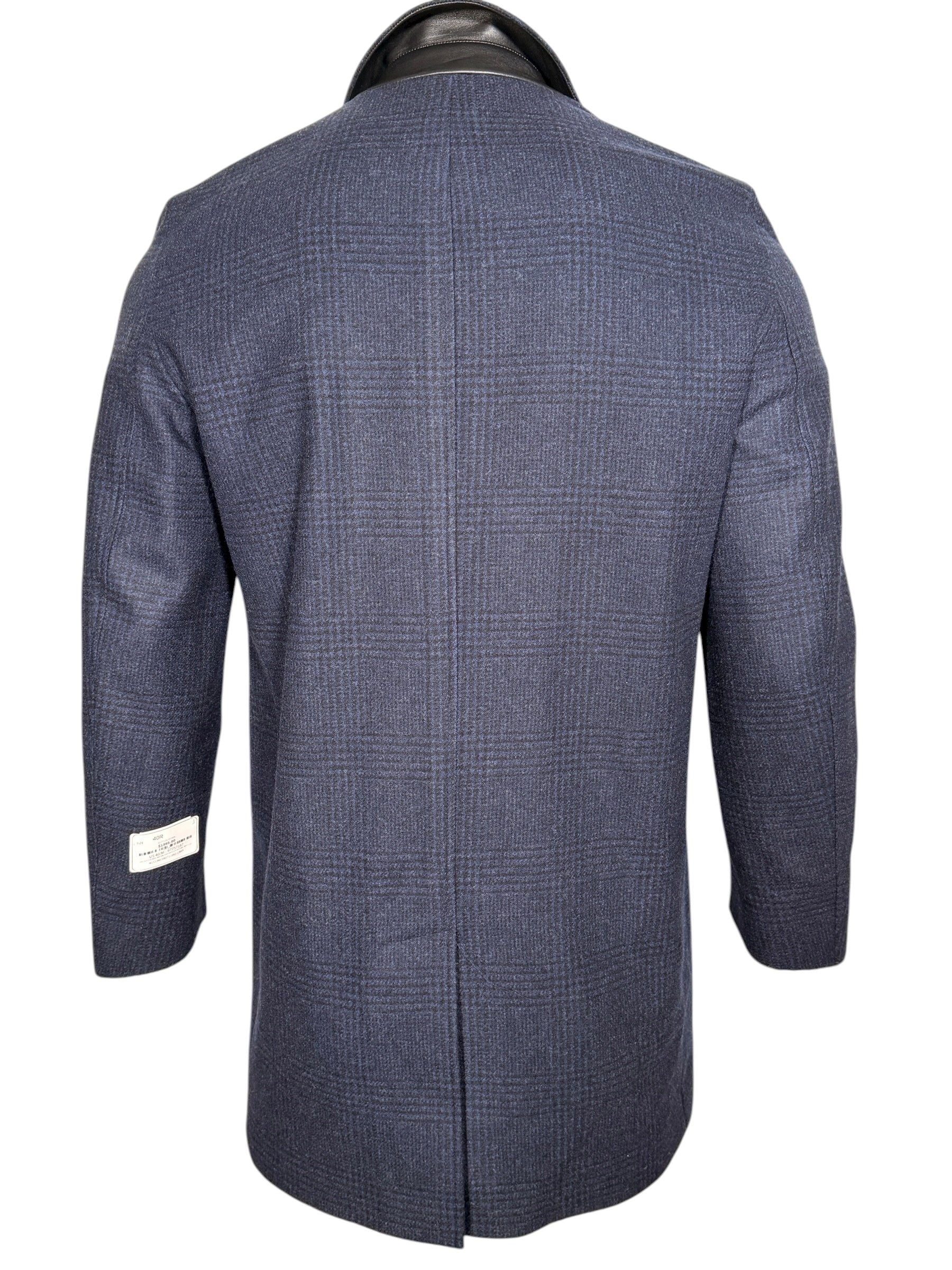 OARS & OLD IVY WOOL WALKING COAT WITH LEATHER TRIM - NAVY PLAID