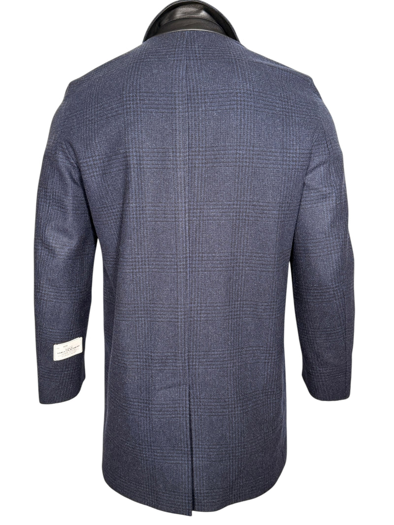 OARS & OLD IVY WOOL WALKING COAT WITH LEATHER TRIM - NAVY PLAID