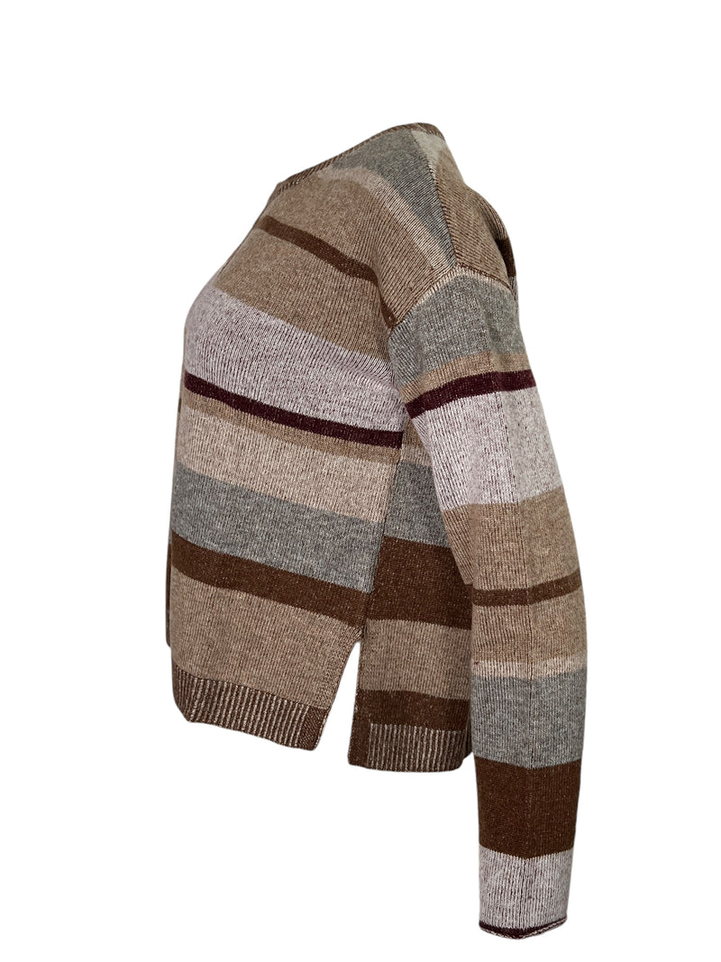 REPEAT MULTI STRIPE CREW NECK SWEATER - BROWN