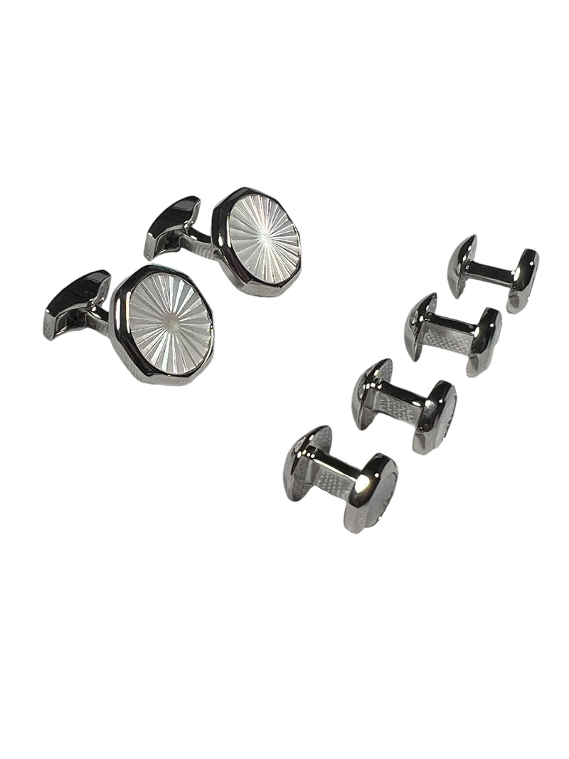 TATEOSSIAN SUNBURST CUFFLINKS AND STUDS SET - WHITE MOTHER OF PEARL AND STAINLESS STEEL