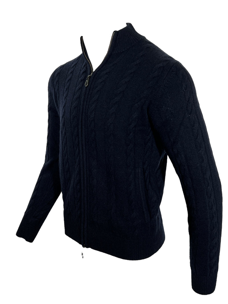 ALAN PAINE WITHERING CASHMERE CABLE FULL ZIP SWEATER - DARK NAVY