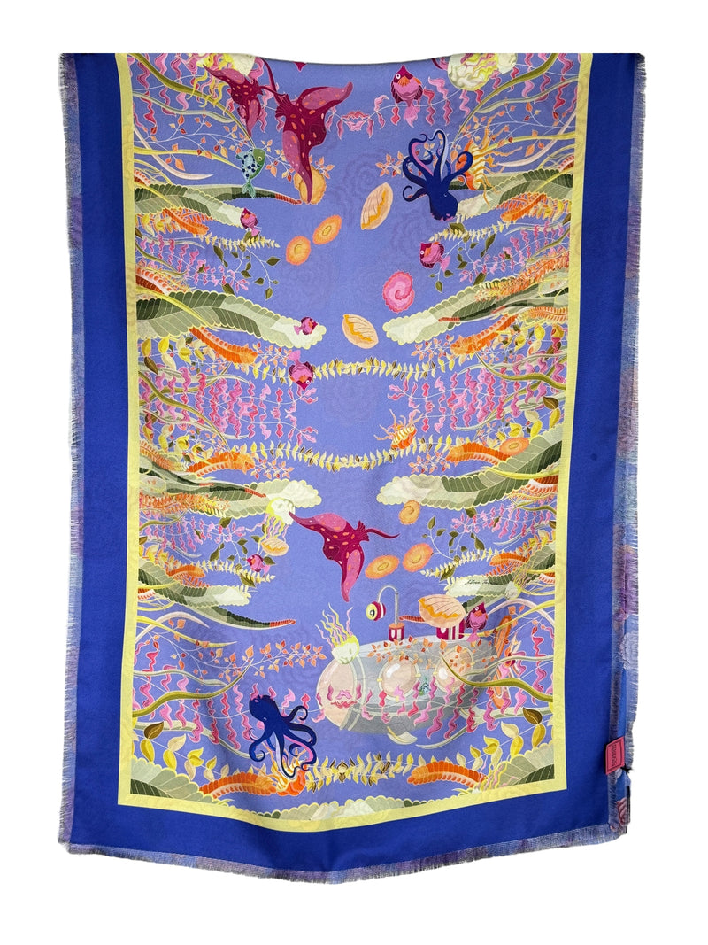 FRANCO FERRARI DOUBLE SIDED SILK SCARF - BLUE FLORAL/UNDERSEA