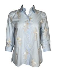 CAMICETTASNOB EMBROIDERED FLORAL BLOUSE - LIGHT BLUE & TAN