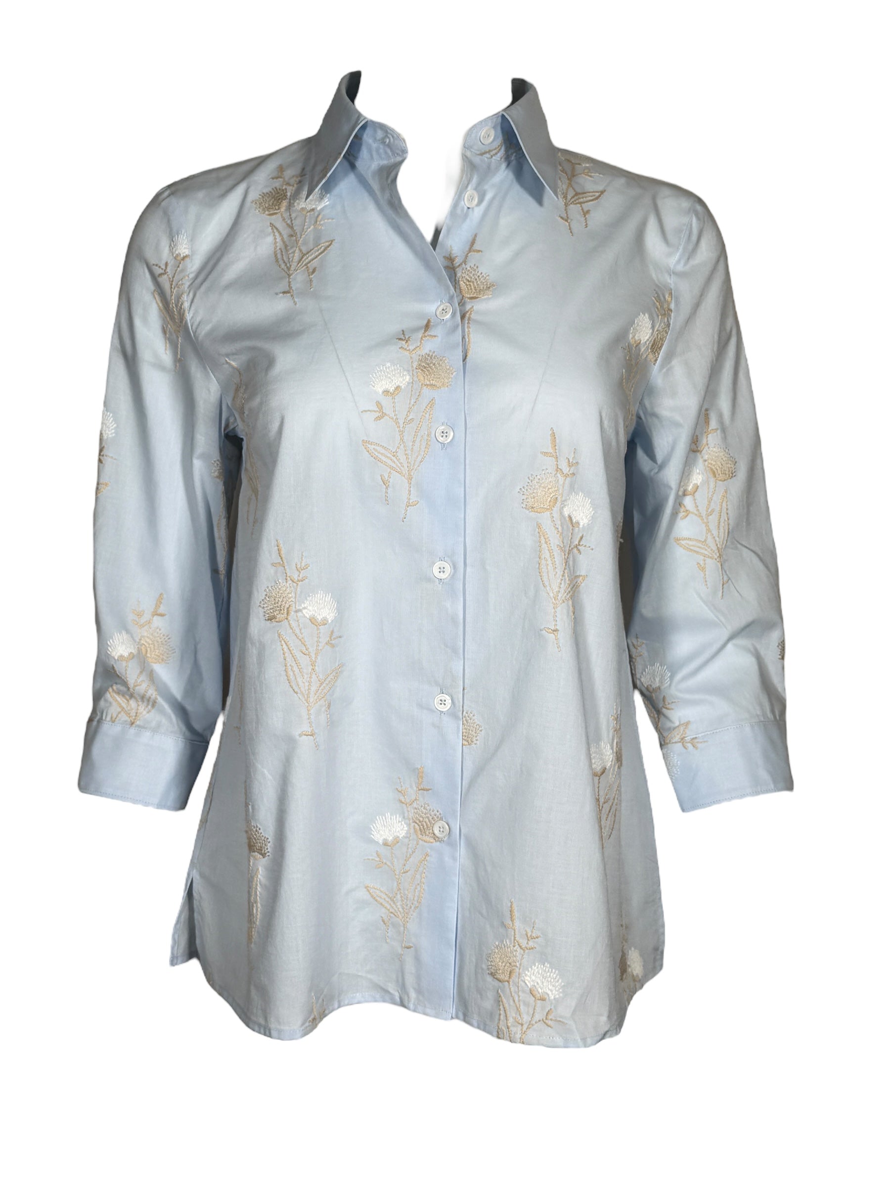CAMICETTASNOB EMBROIDERED FLORAL BLOUSE - LIGHT BLUE & TAN