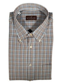 BUTTON DOWN SPORT SHIRT - BLUE/BROWN MICRO CHECK