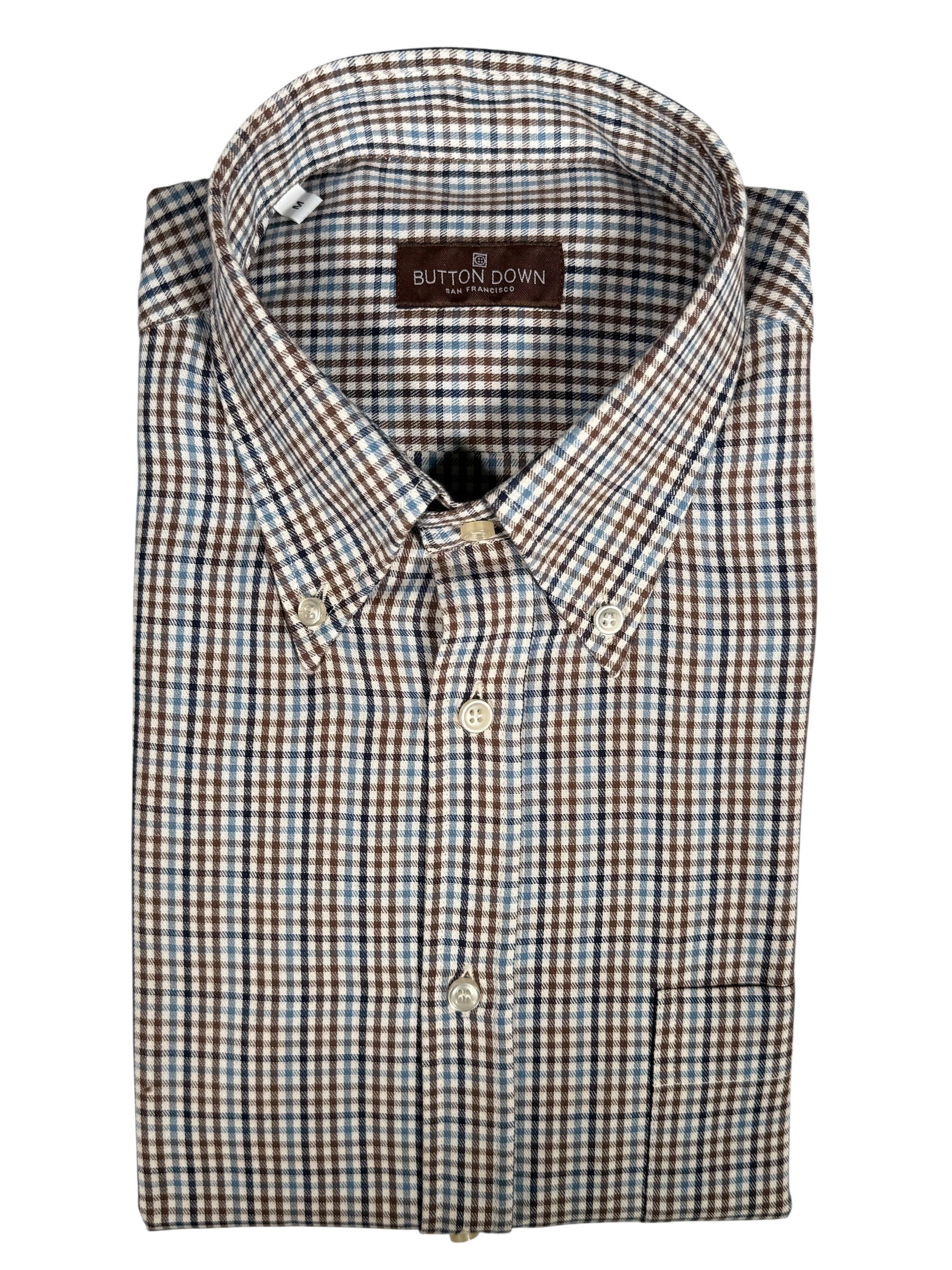 BUTTON DOWN SPORT SHIRT - BLUE/BROWN MICRO CHECK