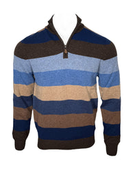 ALAN PAINE LYNDHURST 1/4 ZIP STRIPE SWEATER - COCOA/BLUE MIX