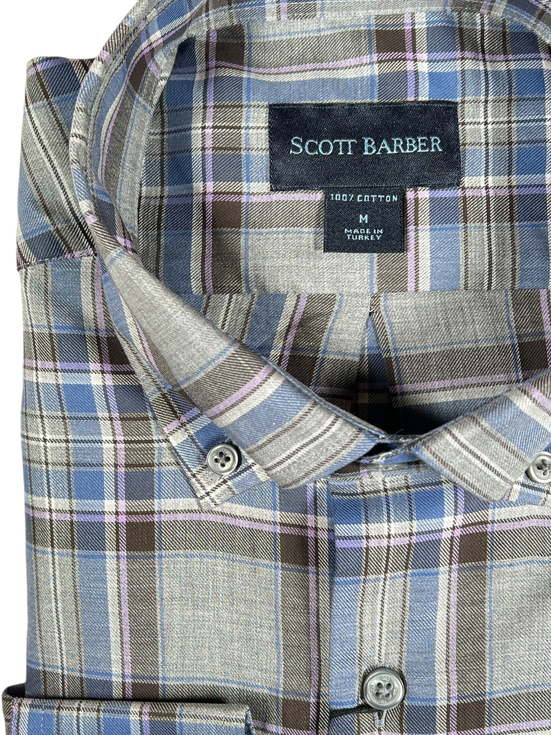 SCOTT BARBER LIGHTWEIGHT FLANNEL BOLD PLAID MEN’S SHIRT - GREY HEATHER