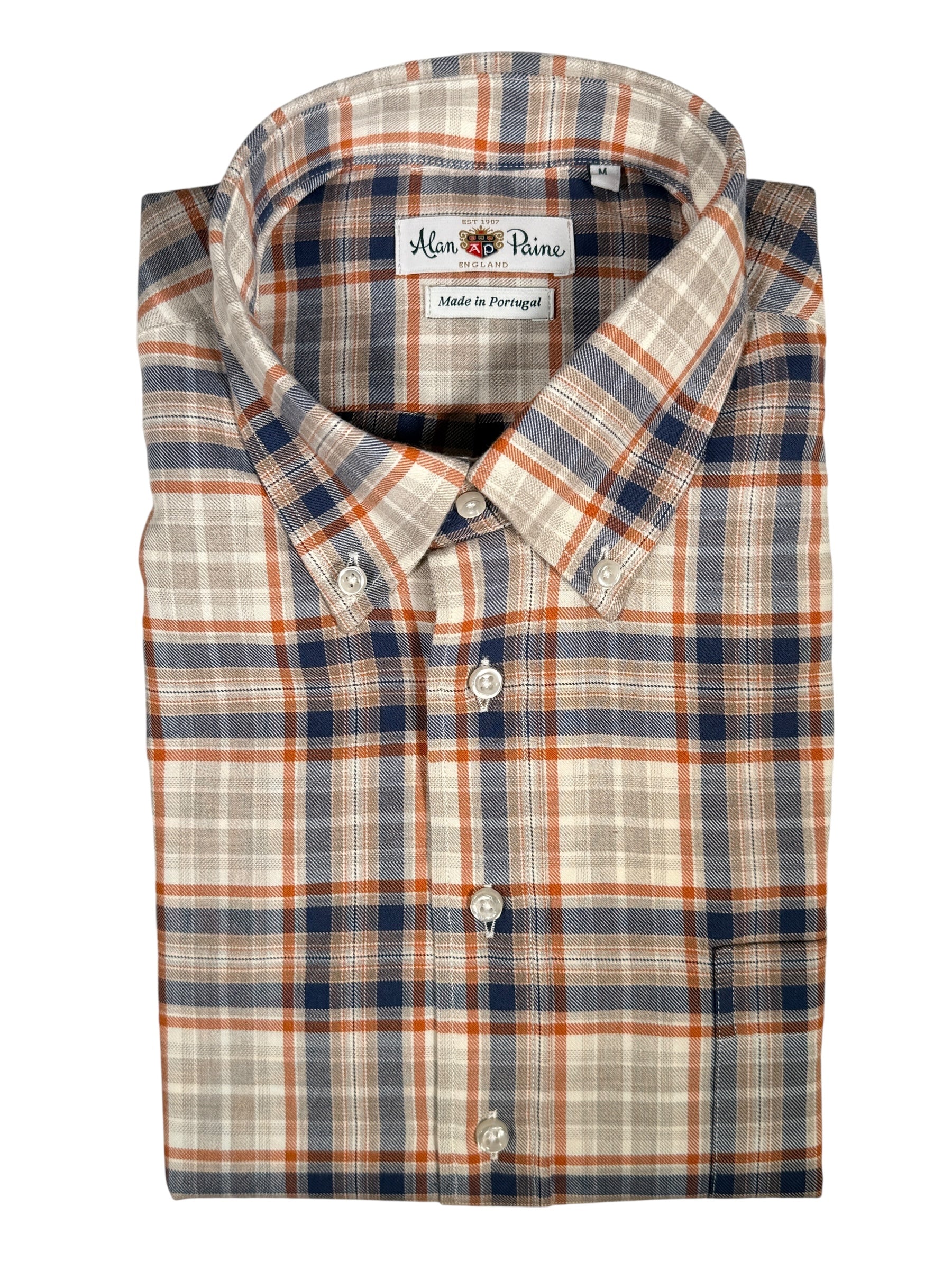 ALAN PAINE CLASSIC FIT SHIRT - NAVY/ORANGE PLAID FLANNEL