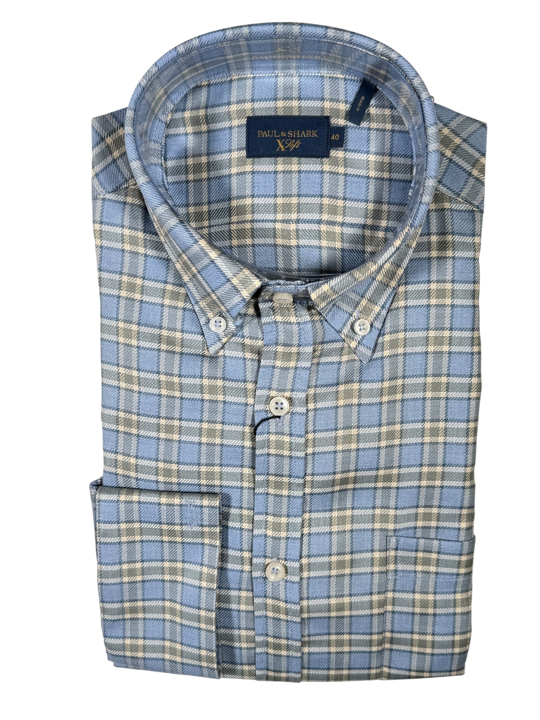 PAUL & SHARK MEN'S SHIRT - LIGHT BLUE/GREY/SAGE CHECK