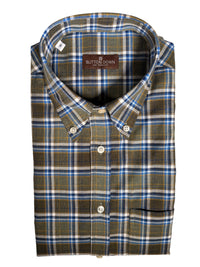 BUTTON DOWN SPORT SHIRT - BRUSHED OLIVE/AQUA PLAID