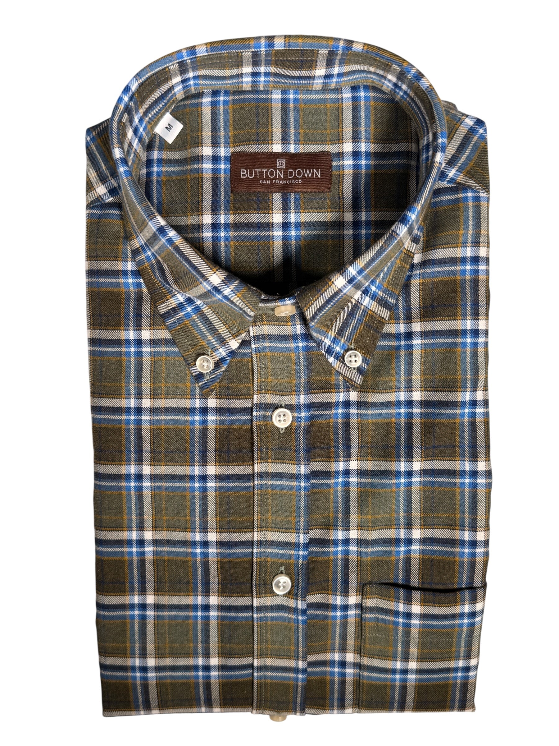 BUTTON DOWN SPORT SHIRT - BRUSHED OLIVE/AQUA PLAID