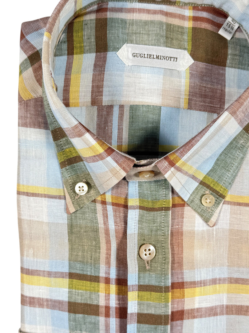GUGLIELMINOTTI LINEN SHIRT - LIGHT BLUE/BROWN PLAID