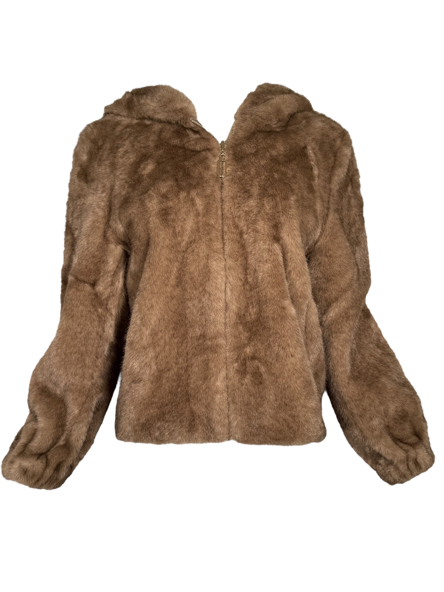 LEO & UGO HOODED REVERSIBLE ZIP FAUX FUR JACKET - CAMEL