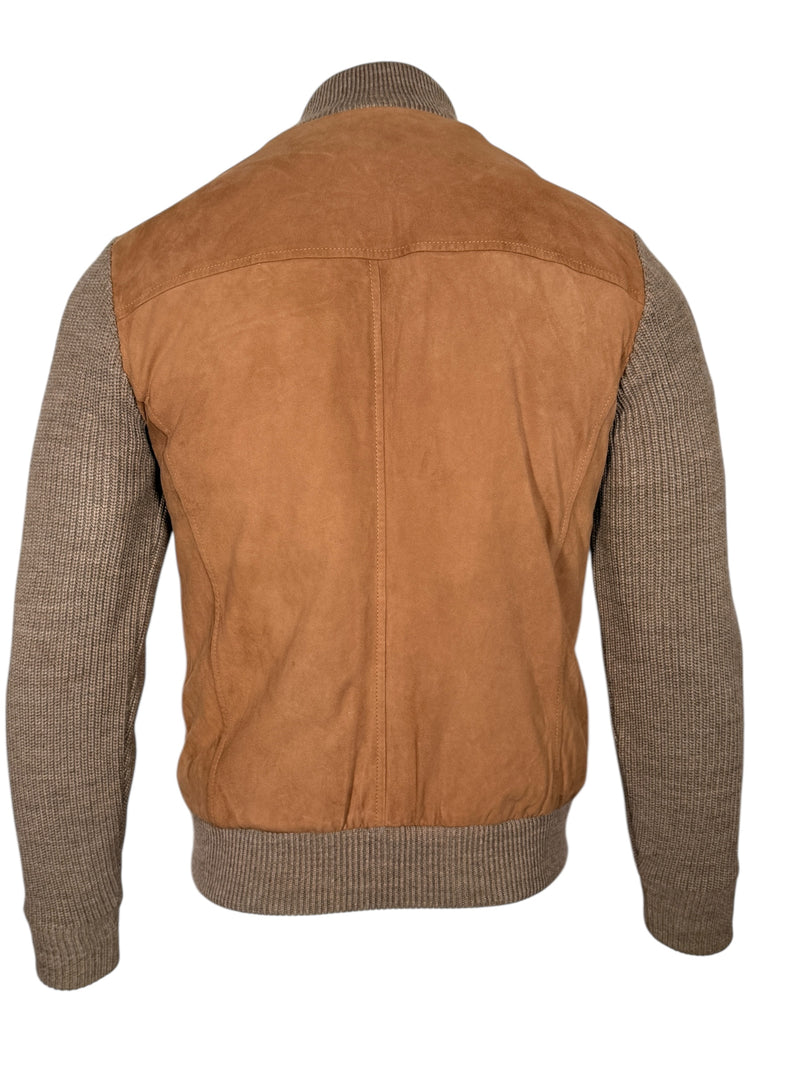 ZEROSETTANTA STUDIO MEN'S SUEDE BOMBER JACKET WITH KNIT SLEEVES - BROWN
