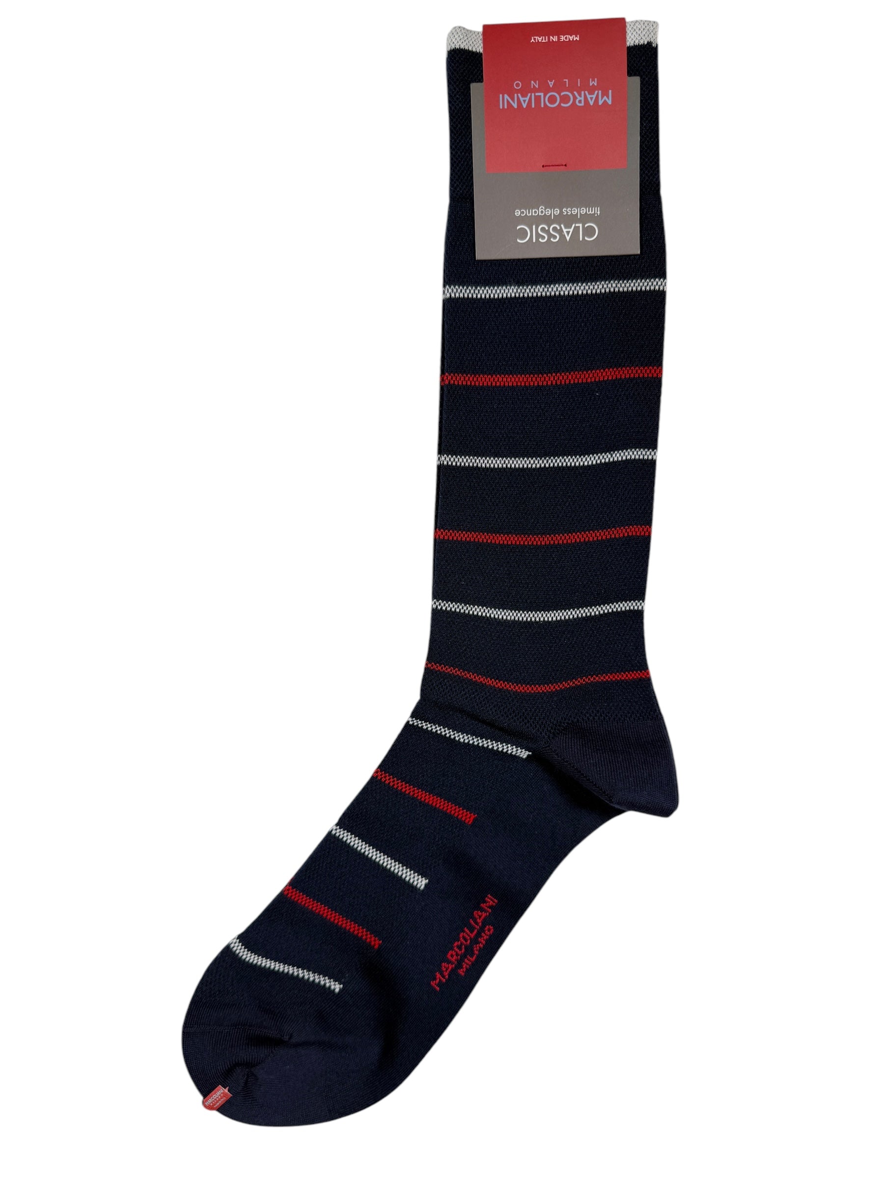 MARCOLIANI PIMA COTTON SAILOR STRIPE CALF SOCK - NAVY/RED
