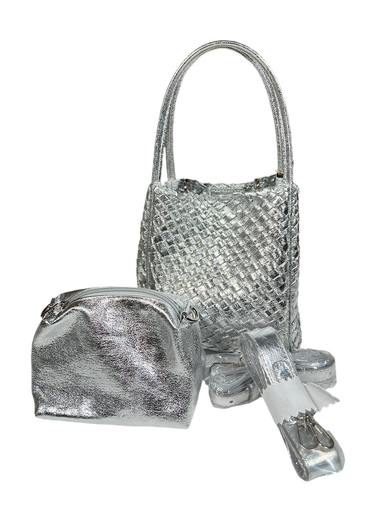 REMI/REID HOLLACE MINI WOVEN TOTE BAG - METALLIC SILVER