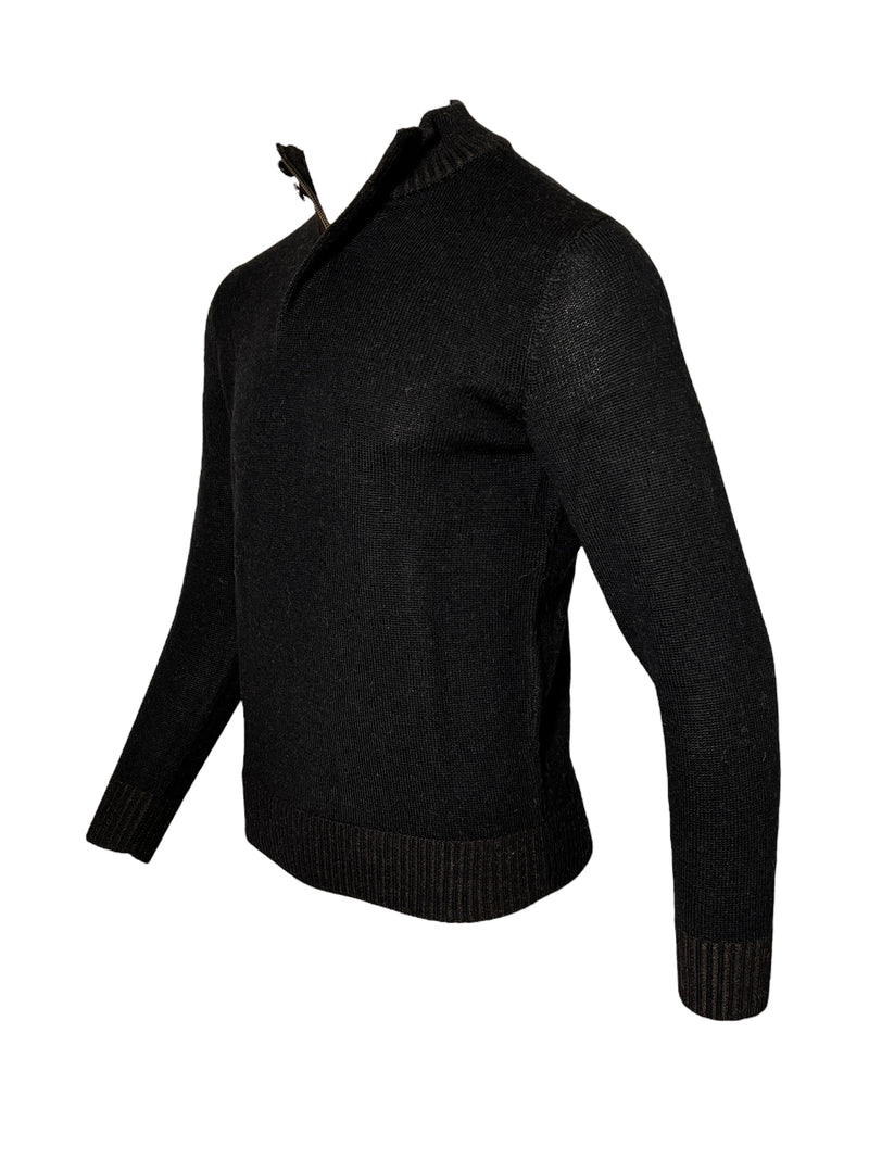 PERU UNLIMITED 1/4 ZIP SWEATER WITH LEATHER TRIM - BLACK/CHOCOLATE