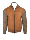 ZEROSETTANTA STUDIO MEN'S SUEDE BOMBER JACKET WITH KNIT SLEEVES - BROWN