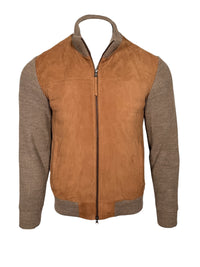 ZEROSETTANTA STUDIO MEN'S SUEDE BOMBER JACKET WITH KNIT SLEEVES - BROWN