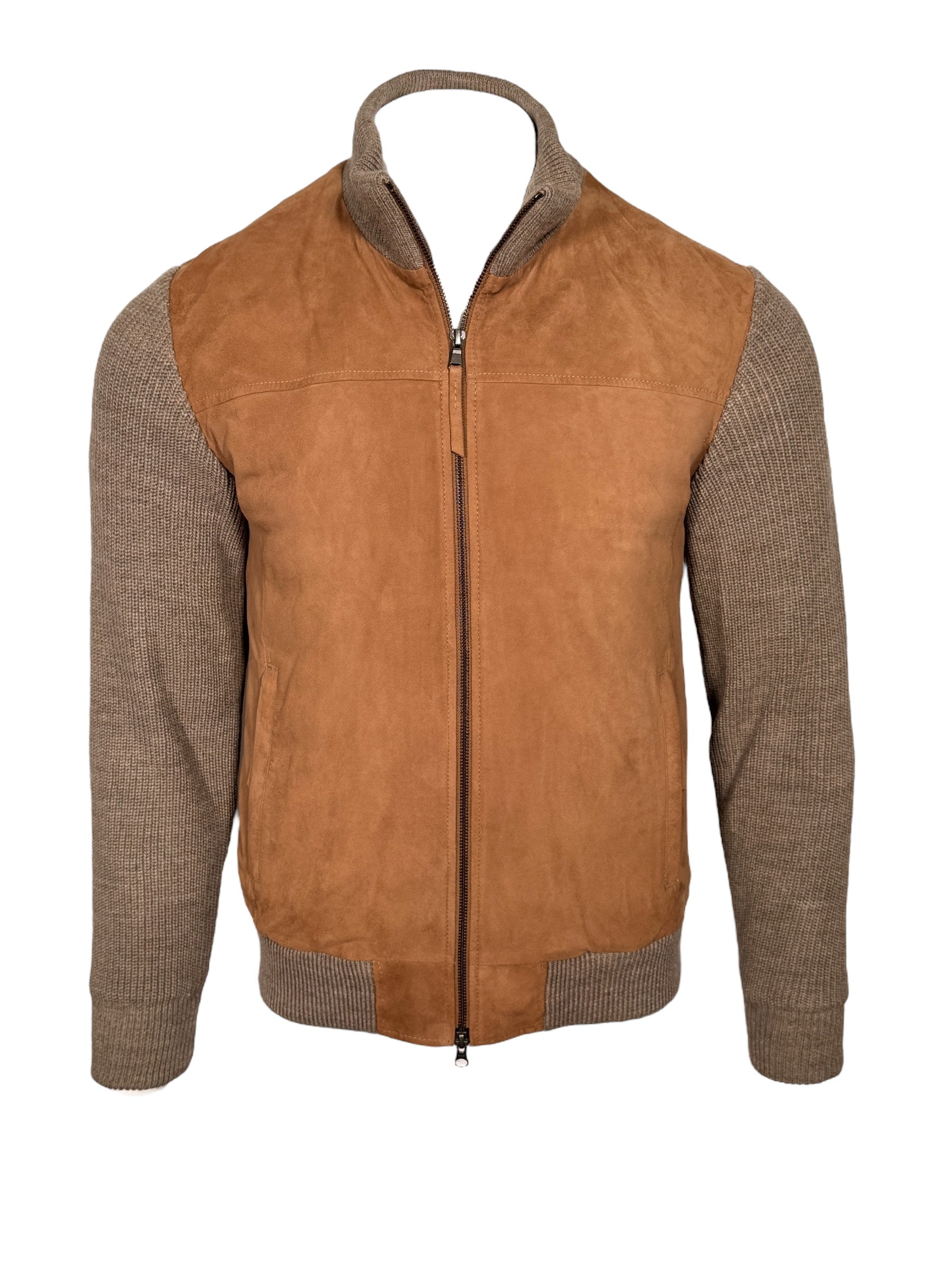 ZEROSETTANTA STUDIO MEN'S SUEDE BOMBER JACKET WITH KNIT SLEEVES - BROWN