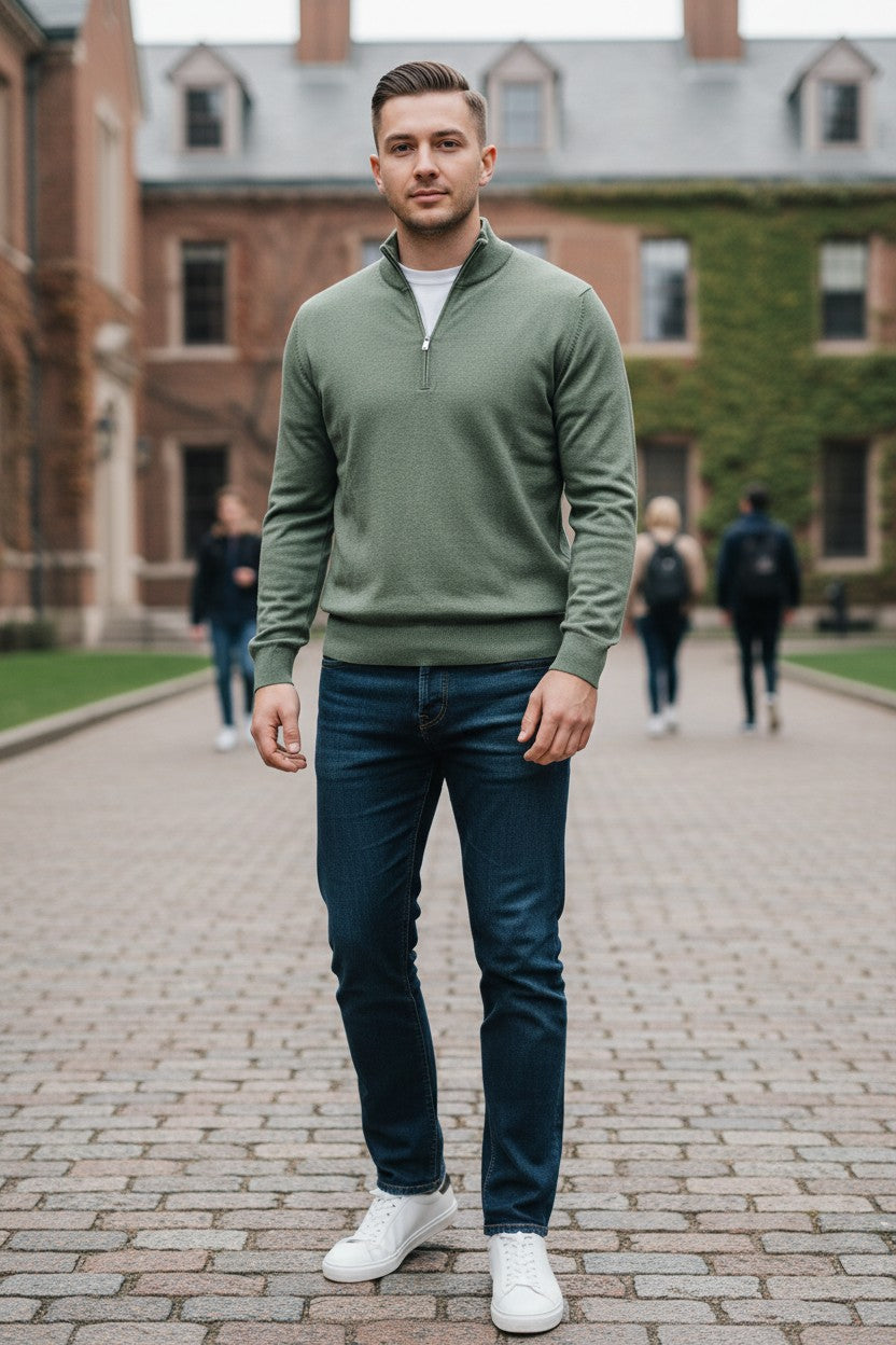 BUTTON DOWN VINTAGE 1/4 ZIP SWEATER - MOSS GREEN