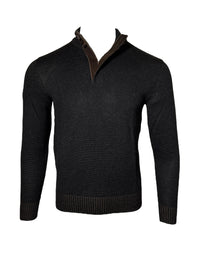 PERU UNLIMITED 1/4 ZIP SWEATER WITH LEATHER TRIM - BLACK/CHOCOLATE