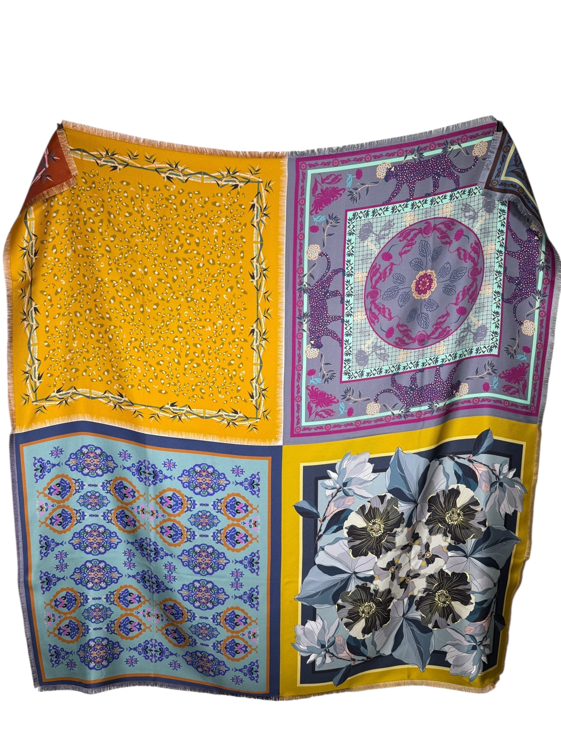 FRANCO FERRARI MULTI-PATTERN DOUBLE-SIDED SILK SCARF - FLOWERS/TILE PATTERN