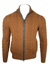 LUCIANO BARBERA CABLE FULL-ZIP SWEATER - VICUNA