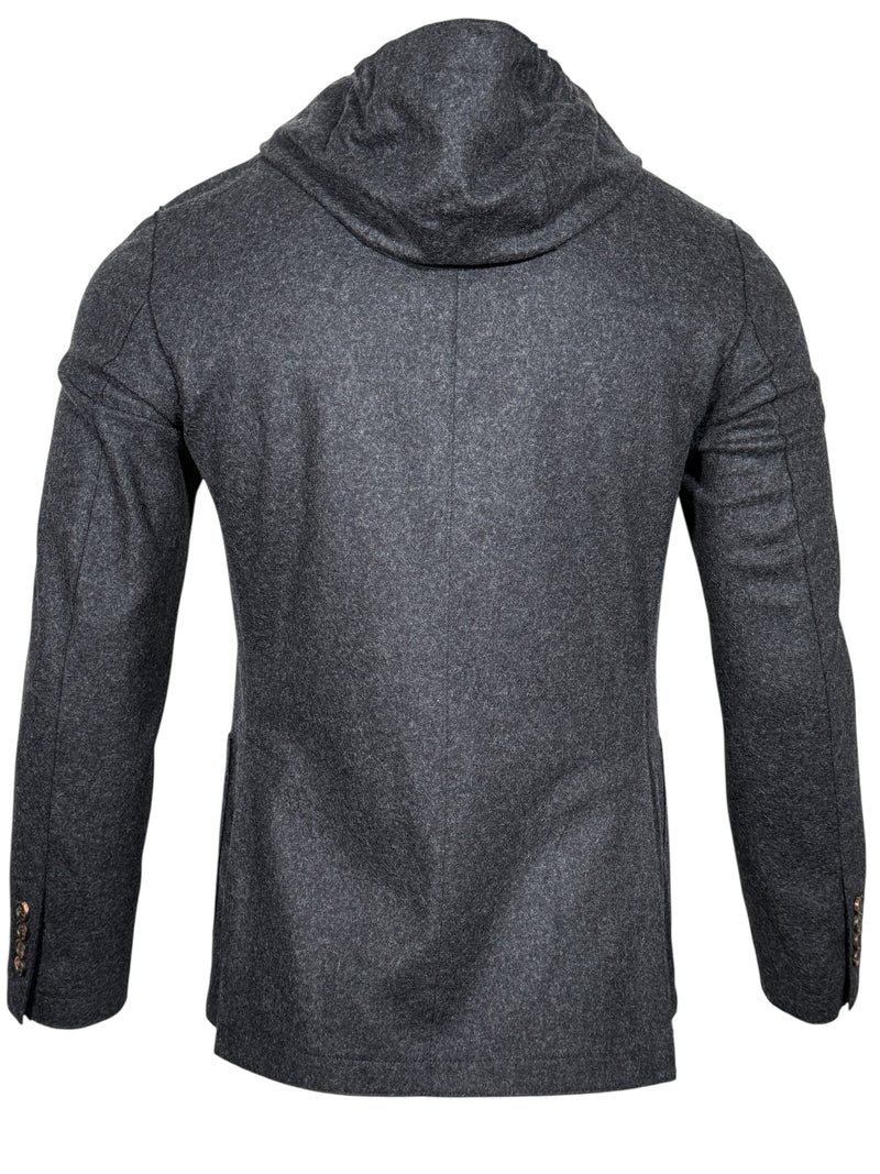 ELEVENTY MEN'S WOOL FLANNEL JACKET WITH REMOVABLE HOOD - DARK CHARCOAL
