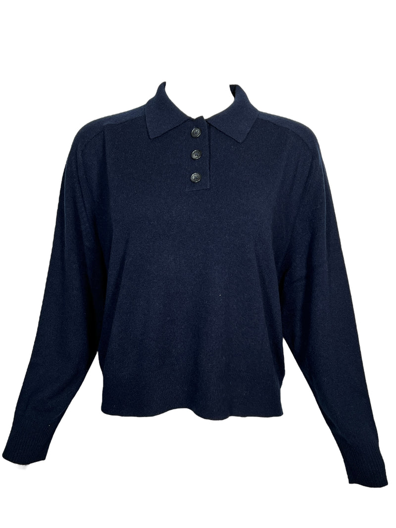 REPEAT CASHMERE LONGSLEEVE POLO SHIRT - NAVY