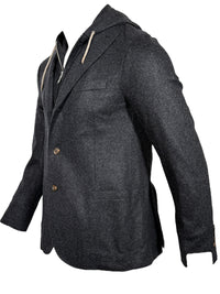 ELEVENTY MEN'S WOOL FLANNEL JACKET WITH REMOVABLE HOOD - DARK CHARCOAL