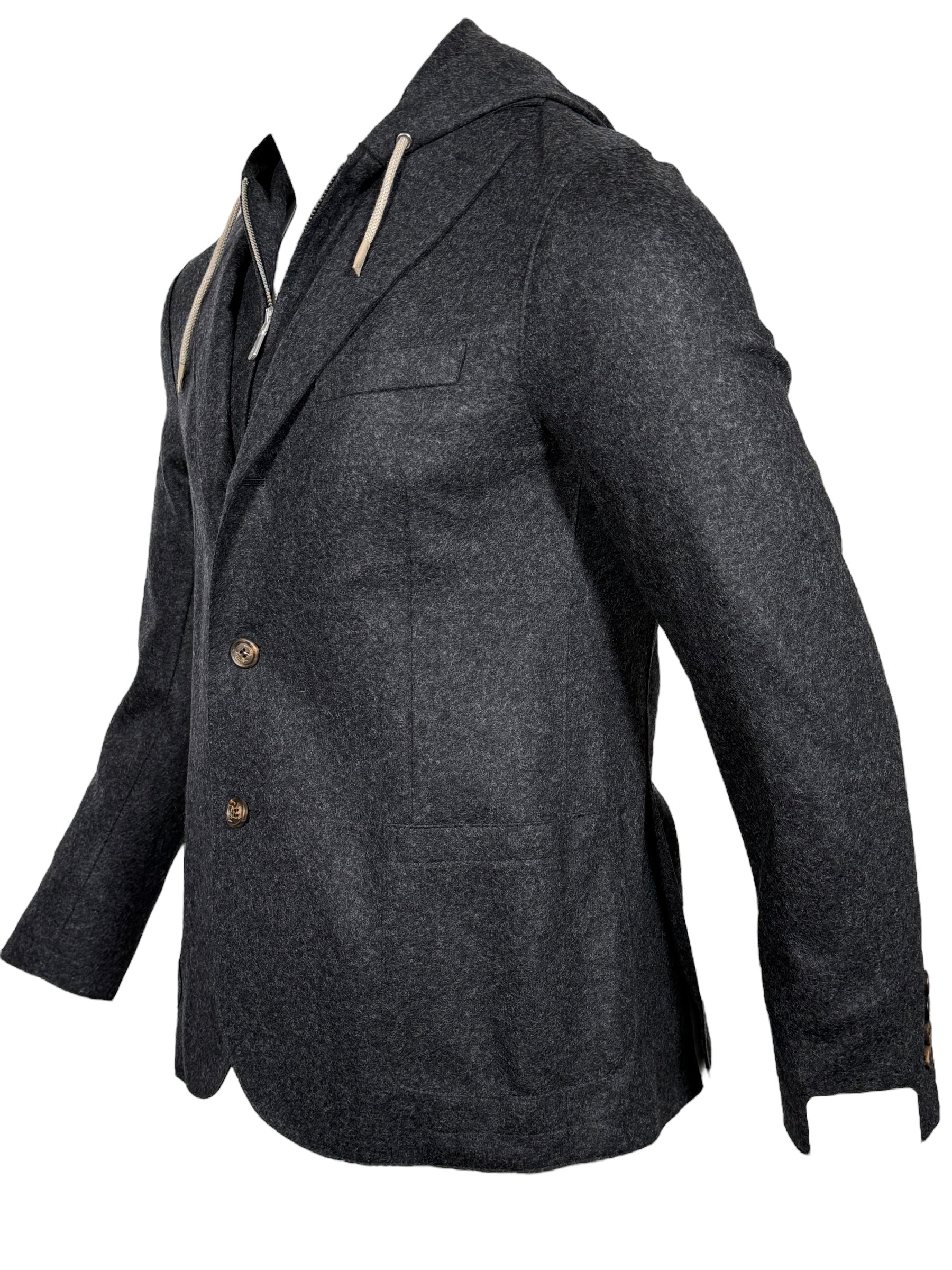 ELEVENTY MEN'S WOOL FLANNEL JACKET WITH REMOVABLE HOOD - DARK CHARCOAL