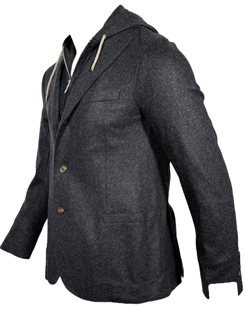 ELEVENTY MEN'S WOOL FLANNEL JACKET WITH REMOVABLE HOOD - DARK CHARCOAL