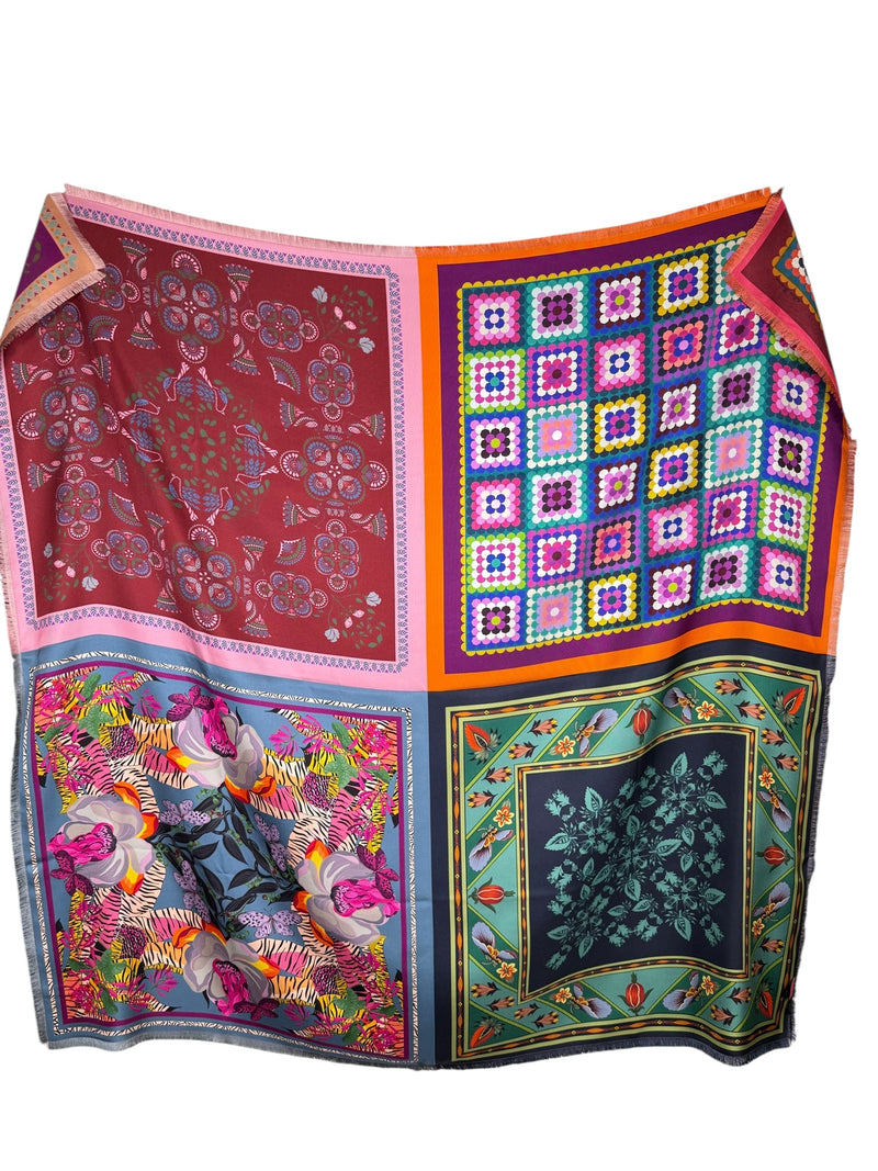 FRANCO FERRARI MULTI-PATTERN DOUBLE-SIDED SILK SCARF - JUNGLE/PATCHWORK