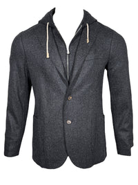 ELEVENTY MEN'S WOOL FLANNEL JACKET WITH REMOVABLE HOOD - DARK CHARCOAL